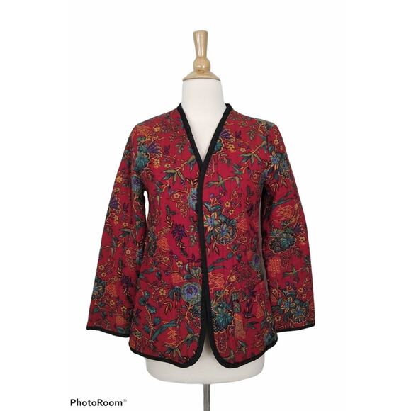 Vintage 70s AJ Bari Quilted Corduroy Chinoiserie Tangzhuang Asian Floral Blazer - Picture 3 of 8